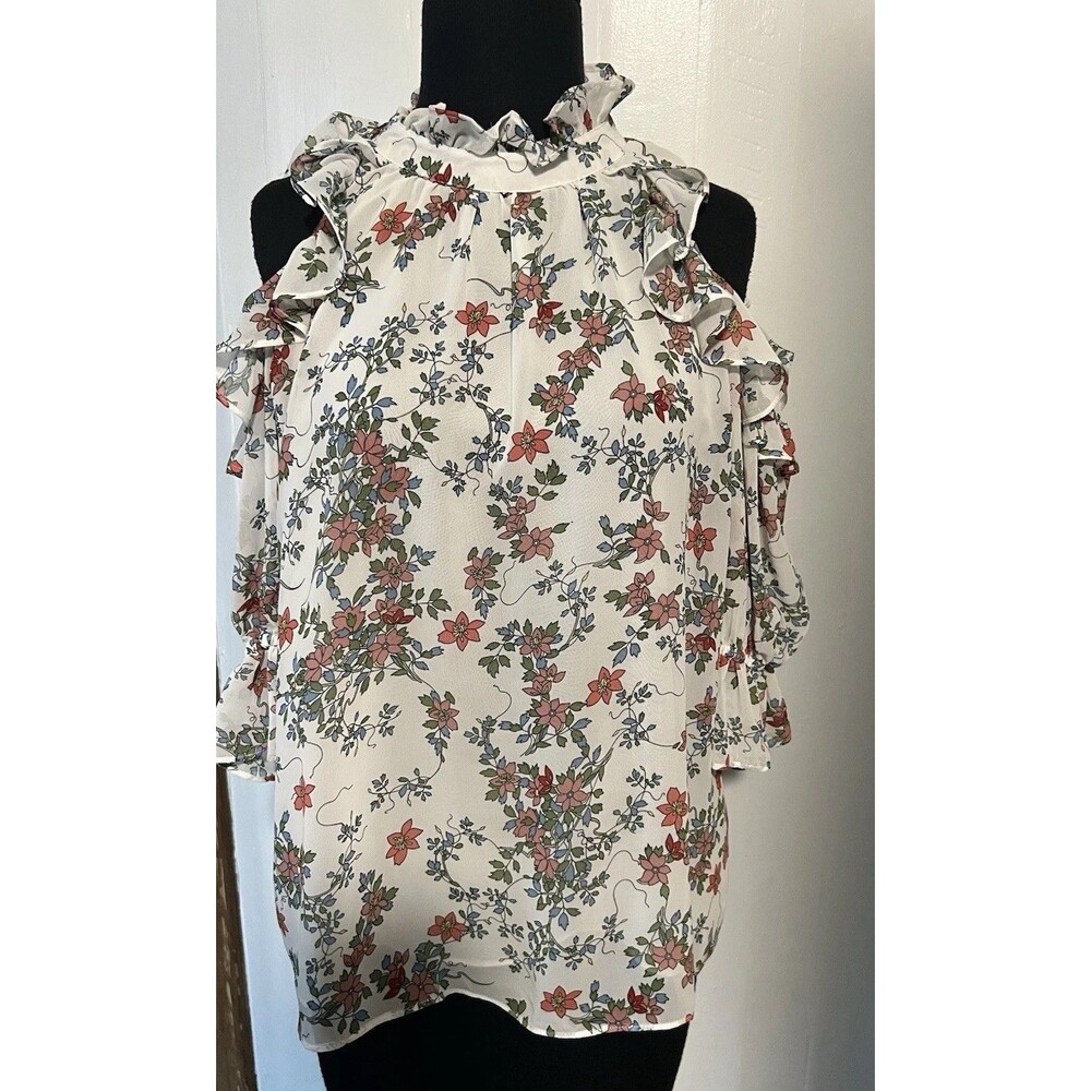 Max Studio  Cold Shoulder Ruffle Top In White Multicolor Floral